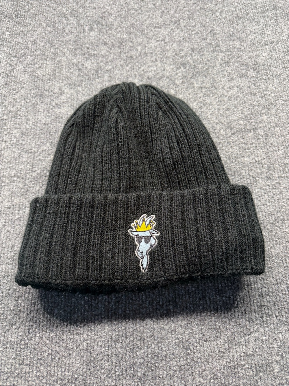 Goat USA Black Ribbed Cuffed Beanie with Crown-Skull Embroidered Patch
